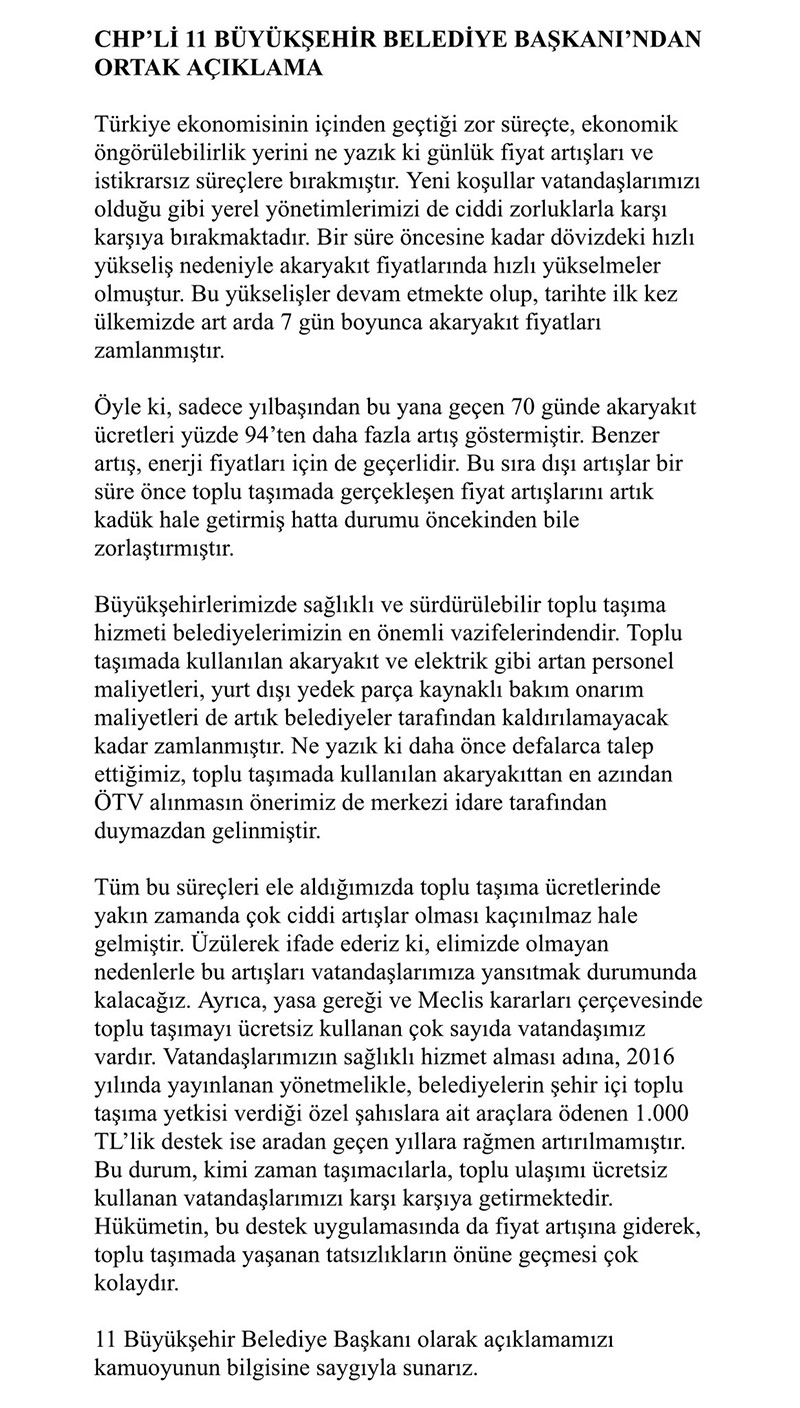 CHP'li belediye başkanlarından zam açıklaması