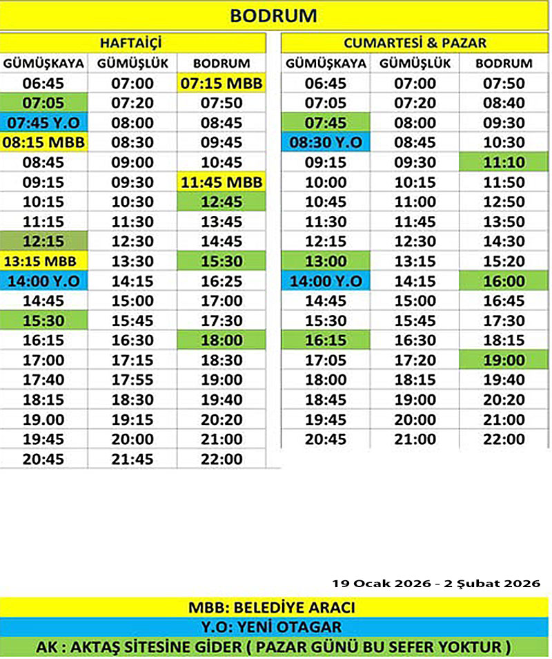 Gümüşlük - Bodrum dolmuş Ocak 2026