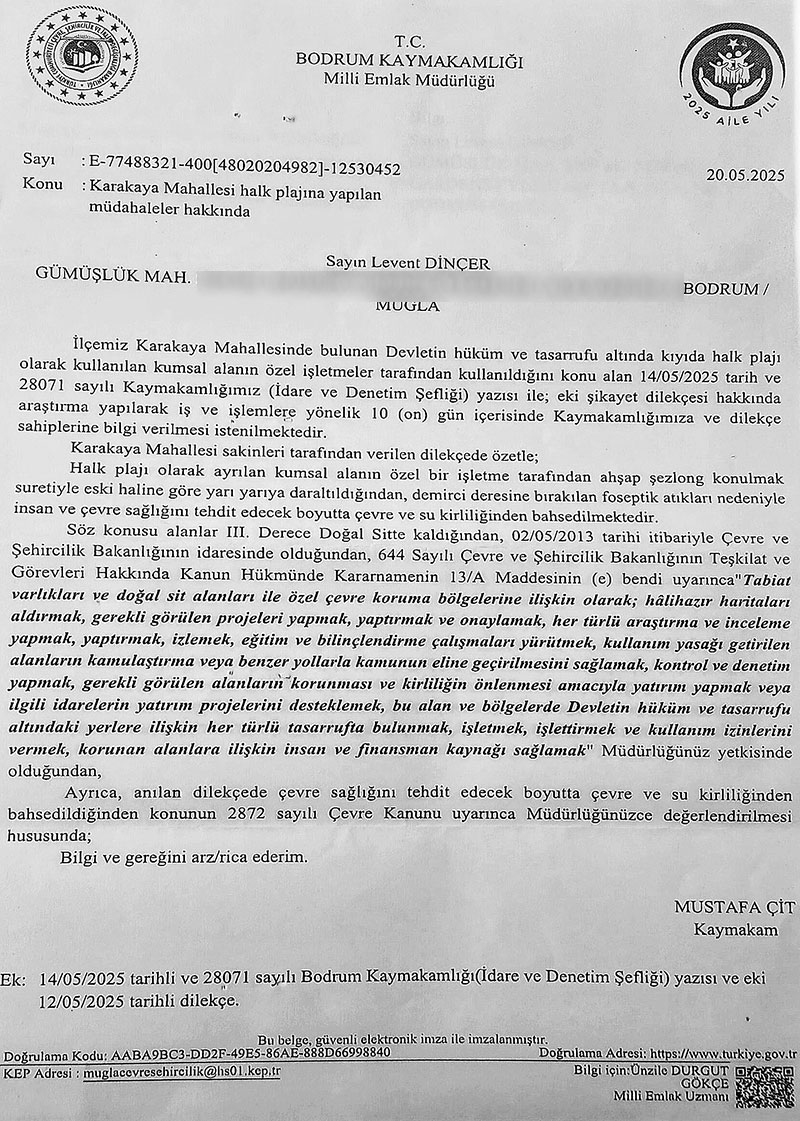 Bodrum Kaymakamlığı, Çayıraltı Halk Plajı yanıtı, Mayıs 2025