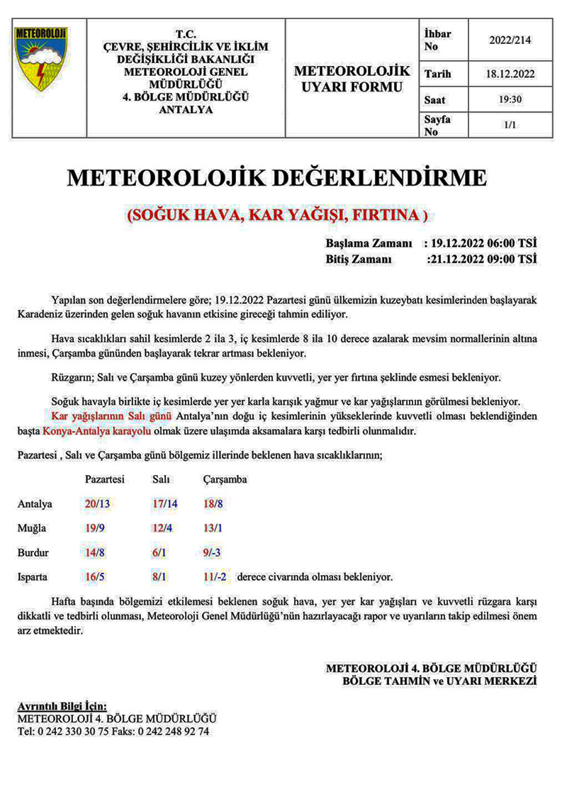 Muğla Valiliği meteorolojik uyarı. 19 Aralık 2022