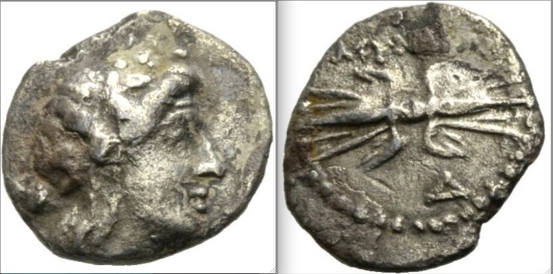 Myndos. 2nd-1st centuries BC. AR Hemidrachm. Head of Dionysos right, wearing ivy-wreath; thyrsos over shoulder / MUNDAIWN , Winged thunderbolt .