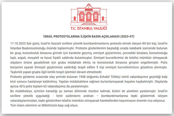 İstanbul Valiliği açıklaması, 18 EKim 2023