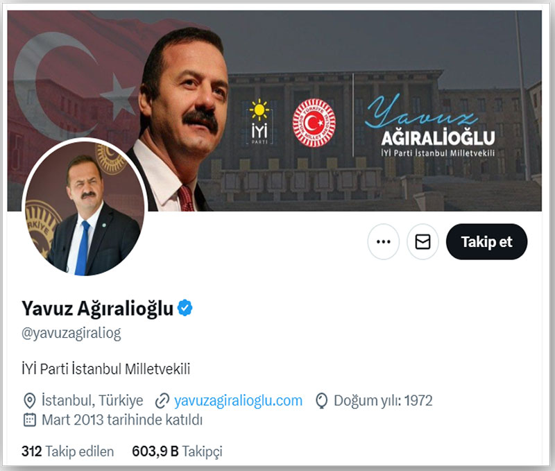 İYİ Parti İstanbul Milletvekili Yavuz Ağıralioğlu, Twitter profili
