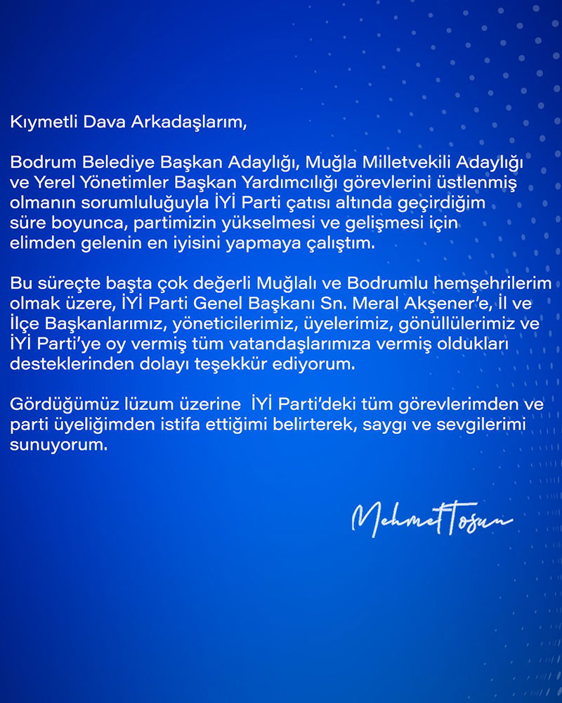 Mehmet Tosun istifa metni, Ocak 2024