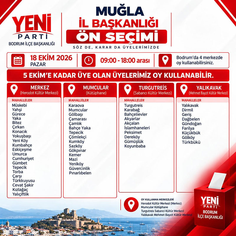 YENİ Parti Bodrum il başkanlığı için yapılacak ön seçim yerleri, 16 EKim 2026